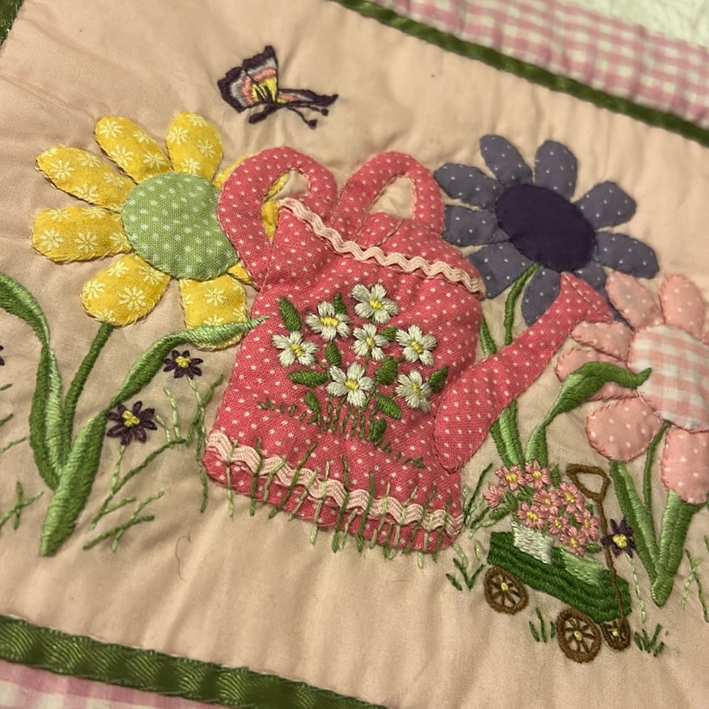 Handmade 3D Crewel Embroidery Watering Can  With Flowers pink, and white